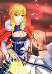  1girl artoria_pendragon_lancer_(fate/grand_order) blonde_hair breasts cleavage fate/grand_order fate_(series) gauntlets greaves green_eyes highres holding holding_weapon horseback_riding lance large_breasts looking_at_viewer masmbel polearm riding saber weapon 