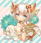  1girl blonde_hair blue_eyes chibi claws dragon_girl dragon_wings dress gears hair_ribbon horns marshmallow_mille myr_(p&amp;d) pointy_ears puzzle_&amp;_dragons ribbon short_hair solo wings 