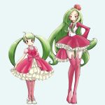  2girls ahoge blue_background blush bow closed_mouth crown frilled_sleeves frills full_body green_hair highres kon_budou long_hair long_legs long_sleeves mini_crown multiple_girls personification pink_bow pink_eyes pink_legwear pokemon pokemon_(game) pokemon_sm shoes simple_background sleeves_past_wrists smile standing steenee thigh-highs tsareena twintails very_long_hair white_shoes zettai_ryouiki 