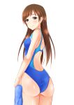  1girl absurdres ass blue_swimsuit brown_eyes brown_hair competition_swimsuit from_behind highres idolmaster idolmaster_cinderella_girls idolmaster_cinderella_girls_starlight_stage kanbee0000 long_hair looking_at_viewer looking_back nitta_minami one-piece_swimsuit smile standing swimsuit towel 