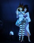  1boy 2girls alice_(wonderland) alice_(wonderland)_(cosplay) alice_in_wonderland barefoot black_hair blood blood_from_mouth blush brown_hair cosplay hair_ribbon hibike!_euphonium highres japanese_clothes kimono kousaka_reina looking_at_viewer multiple_girls obi open_mouth oumae_kumiko pantyhose ribbon sash sbel02 school_uniform skirt skirt_lift striped striped_legwear sweatdrop tsukamoto_shuuichi violet_eyes yellow_eyes yuri 