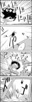  4koma cart comic commentary_request crash greyscale hat highres looking_at_viewer monochrome no_humans puff scarf shameimaru_aya silent_comic stairs tani_takeshi tokin_hat torii touhou translation_request 