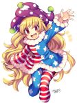  1girl :d adapted_costume american_flag_dress american_flag_legwear bangs blonde_hair blush clownpiece cropped_legs dated dress eyebrows eyebrows_visible_through_hair fur_trim happy hat iroyopon jester_cap long_hair long_sleeves looking_at_viewer open_mouth outstretched_arm pantyhose polka_dot red_eyes round_teeth short_dress simple_background smile solo star star_print striped teeth thick_eyebrows touhou very_long_hair wavy_hair white_background winter_clothes 