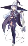 1girl artist_name bridal_legwear cape character_name colored_eyelashes full_body grey_eyes hat highres holding long_hair million_arthur_(series) no_shoes official_art solo thigh-highs toeless_legwear torn_clothes white_hair witch_hat