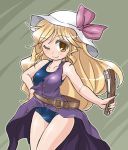  1girl alternate_costume belt blonde_hair blush bow breasts closed_fan collarbone colored_eyelashes dress fan folding_fan hand_on_hip hat hat_bow long_hair looking_at_viewer one-piece_swimsuit one_eye_closed open_clothes open_dress purple_dress single_strap smile solo sun_hat swimsuit thighs touhou very_long_hair watatsuki_no_toyohime winn 