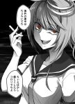  1girl breasts cigarette commentary_request dark_background ebiblue female gesugao hair_ornament highres holding_cigarette i-58_(kantai_collection) kantai_collection looking_at_viewer monochrome neckerchief open_mouth red_eyes sailor_collar sailor_shirt school_uniform shirt short_hair short_sleeves smirk solo spot_color translation_request twitter_username uniform upper_body 