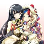 2girls :d black_hair breasts cleavage commandant_teste_(kantai_collection) commentary_request curly_hair detached_sleeves french hair_ornament har kantai_collection light_brown_hair long_hair looking_at_viewer mizuho_(kantai_collection) multicolored_hair multiple_girls open_mouth ranguage scarf silver_hair smile sparkle tk8d32 