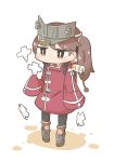 1girl backpack bag blush_stickers brown_eyes brown_hair inishie kantai_collection long_hair long_sleeves ofuda pantyhose ryuujou_(kantai_collection) scroll sleeves_past_wrists solo twintails visor_cap 