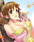  1girl between_breasts blush breasts brown_eyes brown_hair cleavage food food_request hand_between_breasts idolmaster idolmaster_cinderella_girls large_breasts leaf long_hair looking_at_viewer maple_leaf natsuya open_mouth saliva saliva_trail solo totoki_airi trail twintails 
