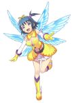  1girl absurdres blue_eyes blue_hair boots breasts cleavage detached_collar elbow_gloves fangs full_body gloves highres looking_at_viewer multiple_wings one_side_up open_mouth outstretched_arm pointing short_hair simple_background solo white_background wings yellow_gloves 