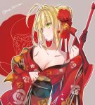  1girl aestus_estus ahoge bare_shoulders blonde_hair breasts cleavage fate/extra fate_(series) flower green_eyes hair_flower hair_ornament holding holding_sword holding_weapon japanese_clothes kimono mom_29_mom off_shoulder purple_background saber_extra sash simple_background solo sword twitter_username weapon 
