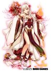  1girl 2015 animal_ears armpits bare_shoulders breasts cleavage closed_mouth commentary_request dated detached_sleeves dress fire flower flower_knight_girl fox_ears fox_girl fox_tail full_body hair_flower hair_ornament higanbana_(flower_knight_girl) highres holding holding_staff japanese_clothes kimono kyuubi large_breasts long_hair long_sleeves looking_at_viewer moneti_(daifuku) multiple_tails nail_polish official_art pink_nails red_eyes shakujou side_slit sidelocks smile solo spider_lily staff tail white_background white_dress white_hair wide_sleeves 