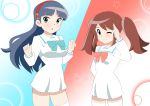  2girls :o anime_coloring arm_behind_back blue_eyes breasts brown_hair dress green_eyes long_hair medium_breasts multiple_girls one_eye_closed open_mouth original ribbon sailor_dress salute short_dress small_breasts smile star thigh-highs twintails white_dress yume_yoroi zettai_ryouiki 
