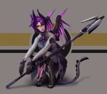  1girl absurdres alternate_costume bodysuit breasts dark_persona demon_horns emblem facial_mark faulds forehead_mark full_body grey_background hair_between_eyes highres holding holding_staff horns imp_mercy lips lipstick long_hair looking_at_viewer makeup mechanical_wings medium_breasts mercy_(overwatch) nose overwatch ponytail purple_hair purple_wings solo squatting staff violet_eyes wings zt_eighteen 