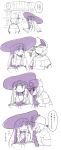  1boy 1girl 4koma baseball_cap book braid closed_eyes comic greyscale hat highres lillie_(pokemon) long_hair looking_away looking_back male_protagonist_(pokemon_sm) monochrome open_book open_mouth pokemon pokemon_(game) pokemon_sm short_hair sun_hat sweatdrop translation_request twin_braids 