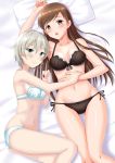  2girls anastasia_(idolmaster) blue_eyes blush breasts brown_eyes brown_hair esuti highres idolmaster idolmaster_cinderella_girls long_hair looking_at_viewer love_laika lying multiple_girls navel nitta_minami on_back open_mouth short_hair silver_hair smile underwear underwear_only 