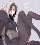  1girl armor ass black_legwear blue_background breasts cape fate/grand_order fate_(series) fur_trim grey_hair helmet jeanne_alter long_hair looking_at_viewer mom_29_mom pantyhose ruler_(fate/apocrypha) simple_background smile solo yellow_eyes 