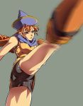  1girl alena_(dq4) ass bike_shorts boots brown_boots brown_gloves brown_hair dragon_quest dragon_quest_iv earrings foreshortening gloves green_background hat jewelry juvecross kicking long_hair red_eyes simple_background sleeveless solo 