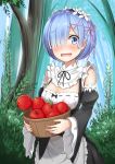  1girl apple apron basket black_bow black_ribbon blue_eyes blue_hair bob_cut bow breasts bush cleavage commentary detached_sleeves embarrassed eyebrows eyebrows_visible_through_hair food forest fruit hair_ornament hair_over_one_eye headdress highres looking_at_viewer maid maid_headdress nature purple_ribbon re:zero_kara_hajimeru_isekai_seikatsu rem_(re:zero) ribbon short_hair solo standing superpig_(wlstjqdla) tree wavy_mouth x_hair_ornament 