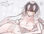  1girl anger_vein apron blue_background breasts cleavage covered_navel fate/grand_order fate_(series) grey_hair hand_on_hip helmet jeanne_alter long_hair looking_at_viewer lying mom_29_mom naked_apron on_side ruler_(fate/apocrypha) simple_background solo very_long_hair yellow_eyes 