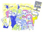  4boys 4girls blue_hair cellphone double_v fingerless_gloves gas_mask glasses gloves green_hair hair_bun headphones hood hoodie inkling katou_(osoraku) limited_palette multiple_boys multiple_girls partially_colored phone pink_hair pointy_ears rectangular_glasses self_shot shirt sidelocks smartphone smile spla2n splatoon t-shirt tentacle_hair topknot v white_background 