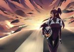  absurdres breasts flight_deck headwear_removed helmet helmet_removed highres macross macross_delta mirage_farina_jenius pilot_suit purple_hair sunset 