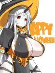  1girl :&lt; altronage breasts cleavage cleavage_cutout detached_sleeves frown happy_halloween hat highres horn huge_breasts kantai_collection long_hair red_eyes seaport_hime shinkaisei-kan solo white_hair witch_hat 