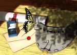  bench box butterfly commentary dappled_sunlight diploma jewelry kantai_collection letter nanao_(aoyamahikari) no_humans ribbon ring ryuujou_(kantai_collection) still_life sunlight swallowtail_butterfly tree_shade visor_cap wedding_band 