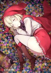  1girl absurdres basket blonde_hair blush boots bow cape closed_eyes fetal_position flower grimms_notes hair_flower hair_ornament highres hood knee_boots little_red_riding_hood_(grimm) lying on_side open_mouth red_skirt shirt short_hair skirt sleeping solo thigh-highs umakuchi_shouyu_(into-rain) white_legwear white_shirt 