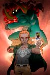  1boy arm_up card dual_persona ganon ganondorf green_jacket guilhermerm jacket jacket_on_shoulders male_focus muscle orange_hair persona pig red_background red_eyes shirt short_hair simple_background t-shirt tarot the_legend_of_zelda the_tower 