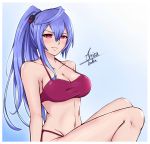  1girl absurdres airisubaka alternate_hairstyle bikini blue_hair blush breasts cleavage female hair_between_eyes highres iris_heart large_breasts long_hair looking_at_viewer midriff navel neptune_(series) pururut red_eyes side-tie_bikini sitting smile solo swimsuit symbol-shaped_pupils 