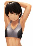  1girl armpits black_hair collarbone green_eyes highres looking_to_the_side one_eye_closed ranma_(kamenrideroz) short_hair simple_background solo sports_bra white_background 
