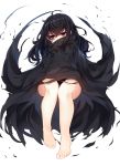  1girl bangs barefoot black_hair floating legs long_hair looking_at_viewer original otokuyou red_eyes robe sanpaku simple_background solo toes torn_clothes white_background 