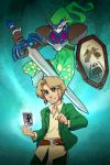  1boy belt blonde_hair blue_background blue_eyes card guilhermerm hair_intakes hat holding holding_weapon link male_focus master_sword persona shield short_hair simple_background smile solo sword tarot the_fool_(tarot_card) the_legend_of_zelda weapon 