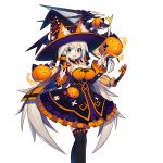  1girl animal_ears aqua_eyes black_legwear breasts broom cleavage detached_collar detached_sleeves dragon floating_object hat hat_wings holding index_finger_raised jack-o&#039;-lantern large_breasts long_hair looking_at_viewer mamuru official_art open_mouth skirt solo thigh-highs transparent_background uchi_no_hime-sama_ga_ichiban_kawaii very_long_hair wand white_hair witch_hat 