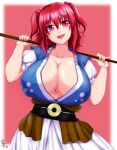  &gt;:d 1girl :d blush breasts cleavage collarbone cowboy_shot eyebrows eyebrows_visible_through_hair hair_between_eyes hair_bobbles hair_ornament head_tilt highres huge_breasts keiazu looking_at_viewer obi onozuka_komachi open_mouth over_shoulder pink_background puffy_short_sleeves puffy_sleeves red_eyes redhead sash short_sleeves skirt smile solo touhou two_side_up weapon weapon_over_shoulder white_skirt 