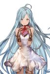  1girl bare_shoulders blue_eyes blue_hair blush box dress granblue_fantasy heart-shaped_box holding jpeg_artifacts long_hair lyria_(granblue_fantasy) minaba_hideo photoshop short_dress sleeveless sleeveless_dress smile solo thigh_strap valentine very_long_hair white_background 