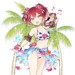  1girl artist_request bikini blur bracelet cowboy_shot flower hair_flower hair_ornament halter_top halterneck hand_holding instrument jewelry looking_at_viewer musical_note official_art open_mouth palm_tree redhead round_teeth sarong short_hair solo swimsuit tambourine teeth transparent_background tree two_side_up uchi_no_hime-sama_ga_ichiban_kawaii yellow_eyes 