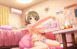  1girl air_conditioner alternate_hairstyle artist_request bangs barefoot bedroom blush breasts brown_eyes brown_hair cameo clock feet heart idolmaster idolmaster_cinderella_girls idolmaster_cinderella_girls_starlight_stage kobayakawa_sae koshimizu_sachiko mimura_kanako official_art ogata_chieri photo_(object) plant plump school_uniform short_hair sitting smile solo table toes 