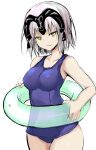  1girl fate/grand_order fate_(series) headpiece innertube jeanne_alter looking_at_viewer one-piece_swimsuit ruler_(fate/apocrypha) school_swimsuit sen_(astronomy) short_hair smile solo swimsuit white_background yellow_eyes 
