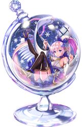  1girl bangs black_legwear blonde_hair blue_eyes blue_ribbon blue_skirt choker constellation eyebrows eyebrows_visible_through_hair glass globe hair_between_eyes hair_ornament hc_(razel1) high_heels highres leg_ribbon legs_up long_hair looking_at_viewer original ponytail ribbon ribbon_choker shiny shiny_hair simple_background sitting skirt sky snow snowflakes solo star_(sky) starry_sky stuck thigh-highs thighs very_long_hair white_background 