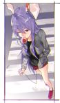  1girl alternate_costume animal_ears asuzemu black_shirt breasts bubble_blowing cardigan casual chromatic_aberration crosswalk digital_media_player foreshortening from_above full_body hair_between_eyes highres ipod long_hair looking_away medium_breasts one_eye_closed open_cardigan open_clothes purple_hair rabbit_ears red_eyes red_shoes reisen_udongein_inaba shirt shoes short_shorts shorts sidelocks sneakers solo standing touhou very_long_hair 