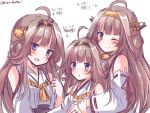  3girls ahoge bare_shoulders blue_eyes blush brown_hair hairband height_difference jewelry kantai_collection kongou_(kantai_collection) multiple_girls multiple_persona nanoha-h nonodera_minku one_eye_closed open_mouth remodel_(kantai_collection) ring smile upper_body wedding_band 