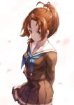  1girl arms_behind_back blush breasts brown_hair cherry_blossoms hibike!_euphonium large_breasts nakagawa_natsuki neo-masterpeacer ponytail school_uniform smile solo white_background 
