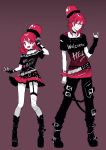 1boy 1girl belt belt_buckle black_boots black_gloves black_hat black_shirt boots buckle chains choker clothes_writing collarbone dual_persona earrings fingerless_gloves fishnets frilled_skirt frills full_body garter_straps genderswap genderswap_(ftm) gloves gradient gradient_background grin hat heart hecatia_lapislazuli height_difference highres hoop_earrings jewelry kyouda_suzuka miniskirt monochrome open_mouth pleated_skirt polos_crown purple_background red_eyes red_skirt redhead shirt shoes short_sleeves skirt smile spikes spot_color standing star touhou white_skin 