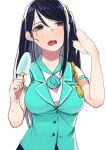  1girl aiguillette blue_eyes blue_hair blush employee_uniform fanning_face food hot juz krt_girls long_hair looking_to_the_side mackintosh_rose melting popsicle side_ponytail simple_background single_sidelock solo sweat tongue tongue_out uniform white_background xiao_qiong 
