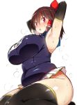  1girl :o alternate_costume armpits arms_behind_head arms_up benjamin_button_suukina_jinsei black_gloves black_legwear blurry blush breasts brown_hair cookie_(touhou) covered_navel depth_of_field elbow_gloves fat_folds gloves gold_trim hair_tubes hakurei_reimu heavy_breathing highres hips huge_breasts looking_at_viewer microskirt one-piece_swimsuit open_mouth plump red_eyes reu school_swimsuit seiza short_hair sitting skirt solo sweat swimsuit thick_thighs thigh-highs thighs touhou tsurime white_background 
