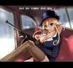  1girl blonde_hair blue_eyes bra breasts brown_legwear car car_interior cigar cleavage commentary_request english formal ground_vehicle gun haruto_(harut_n) hat iowa_(kantai_collection) kantai_collection logo looking_at_viewer motor_vehicle mouth_hold panties red_bra red_panties sitting skirt_suit solo striped_suit stupid_movie_sequels submachine_gun suit thigh-highs thompson_submachine_gun underwear weapon 