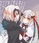  2girls :&lt; black_gloves blonde_hair breasts cape capelet christmas cleavage elbow_gloves fate/grand_order fate_(series) gloves helmet jeanne_alter jeanne_alter_(santa_lily)_(fate) mom_29_mom multiple_girls ruler_(fate/apocrypha) sack short_hair snowing translation_request twitter_username yellow_eyes 