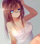 1girl bangs blue_eyes blush breasts brown_hair camisole commentary eyebrows eyebrows_visible_through_hair glasses hand_on_head long_hair looking_at_viewer medium_breasts original parted_lips shiny shiny_hair solo straight_hair strap_slip tlla waking_up 